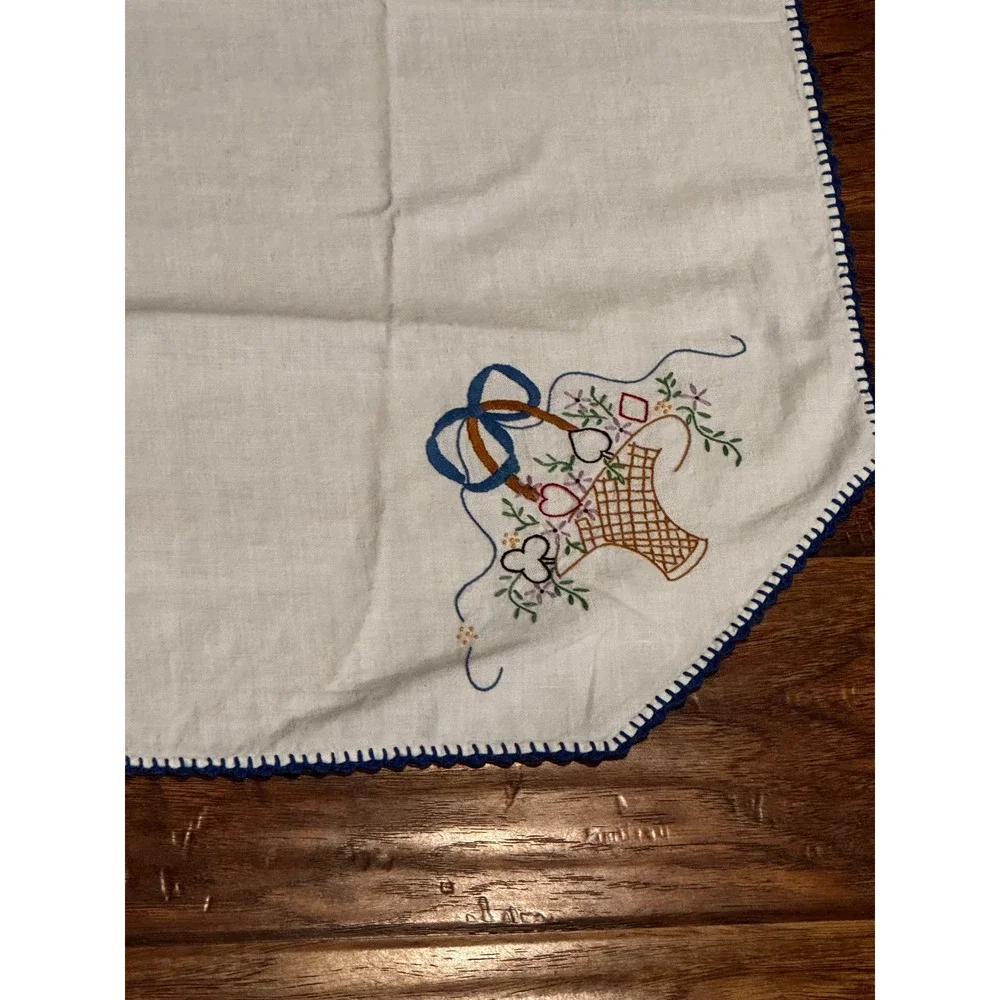 Vintage Handmade Embroidered Table Topper 30x33 Blue Floral Cottage Farmhouse